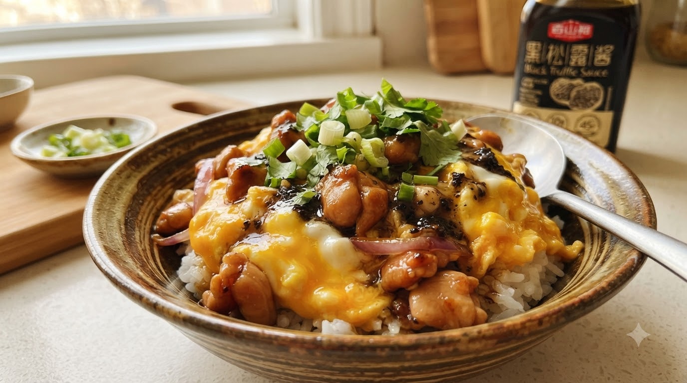 Japanischer Hähnchen-Pilaf mit weichem Ei und schwarzer Trüffelsoße