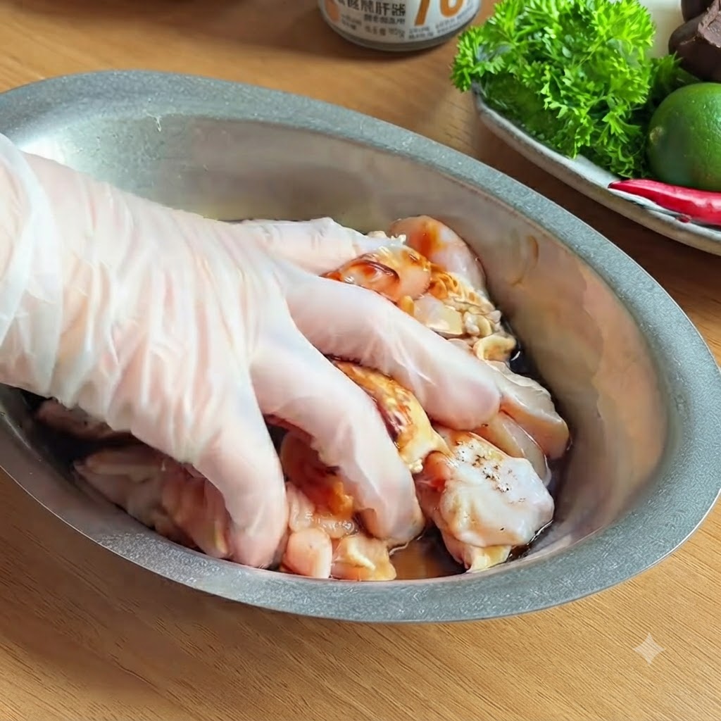 Eine be Handschuhe getragene Hand mischt Hähnchenstücke mit dunklen Gewürzen in einer Metallschüssel.