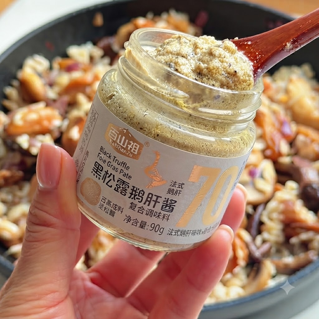 Ein Löffel schwarze Trüffel-Leberpaste wird über die Bratpfanne gehalten.