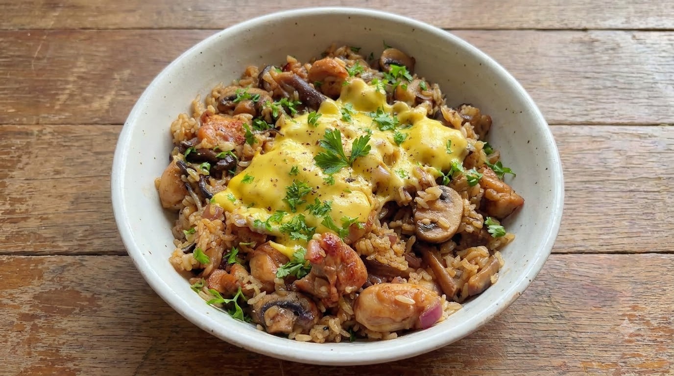 Cremiger Pilz-Hähnchen-Käse-Reis