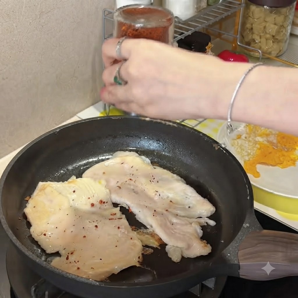 Eine Hand schüttelt ein Gewürzglas und streut rote Chiliflocken über zwei in der Pfanne bratende Hähnchenschnitzel.