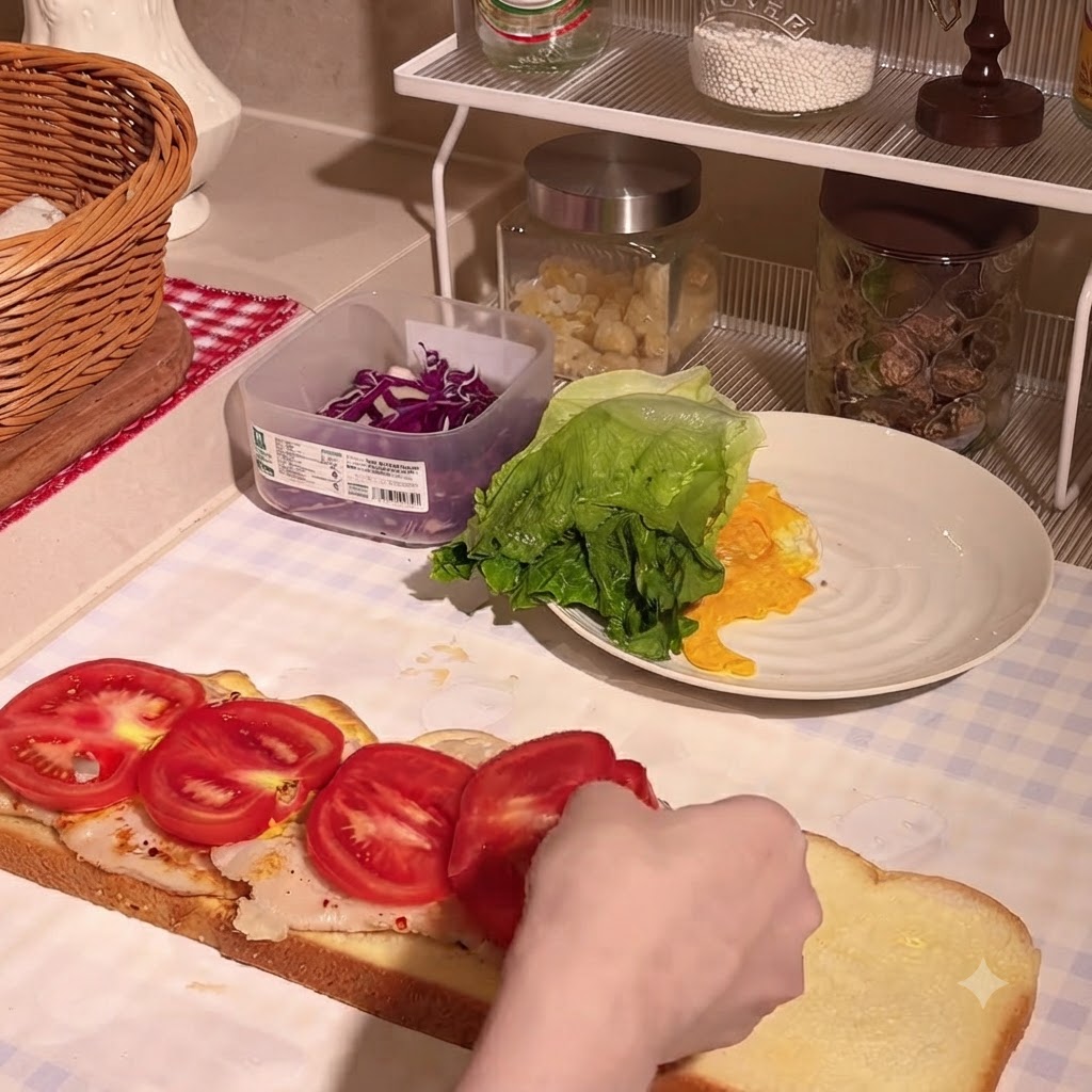Eine Hand arrangiert frische Tomatenscheiben über gewürzten Hähnchenschnitzeln auf einer langen Scheibe Kürbisbrot.