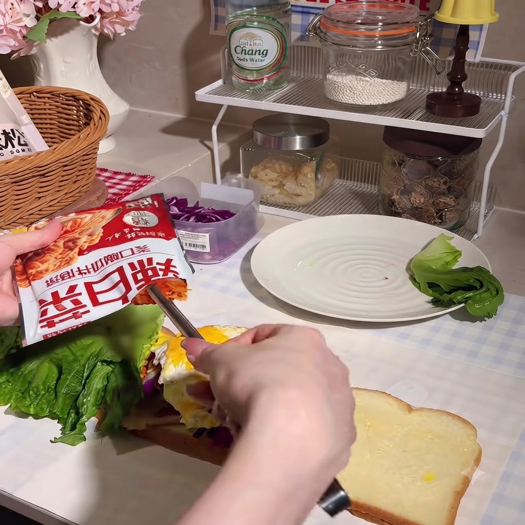Kimchi wird auf den wachsenden Sandwich-Stapel gegeben.
