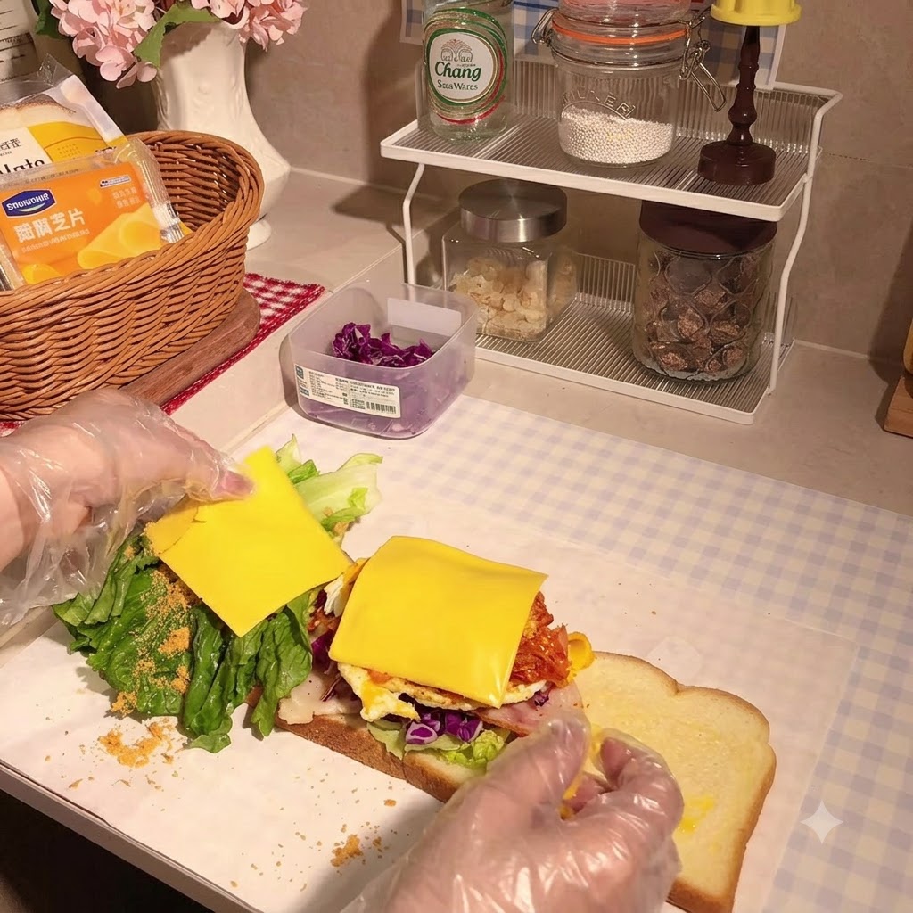 Eine Scheibe fettarmer Käse wird auf den Sandwich-Stapel gelegt.