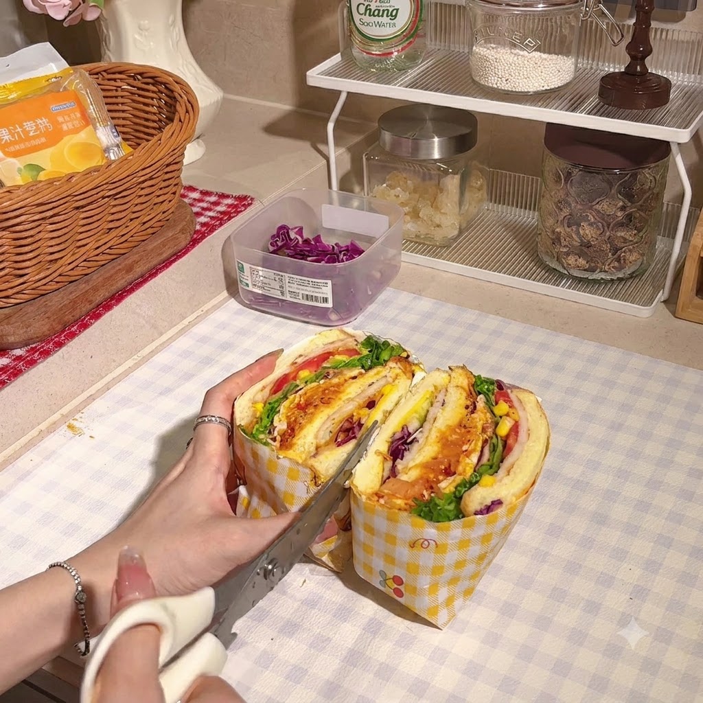 Küchenschere schneidet das eingewickelte Sandwich in der Mitte durch, um den Querschnitt zu zeigen.