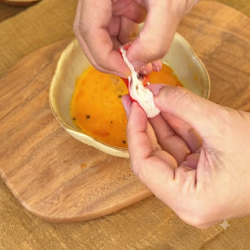 Zerkleinerte Surimi werden in eine Schüssel mit rohen Eiern gegeben.