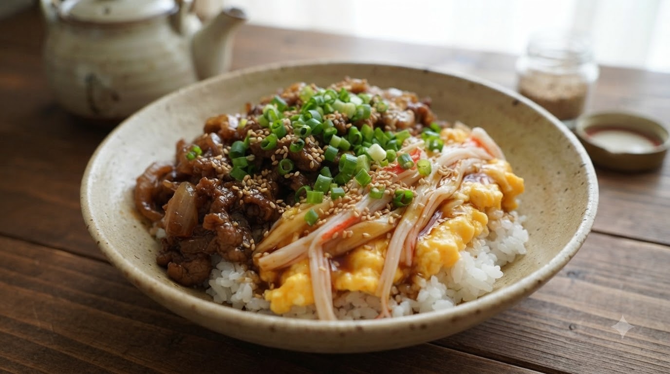 Eine Gourmet-Rinder-Reis-Bowl, getoppt mit würzig karamellisiertem Rindfleisch, weich Rührei mit Surimi, Sesamsamen und Frühlingszwiebeln.