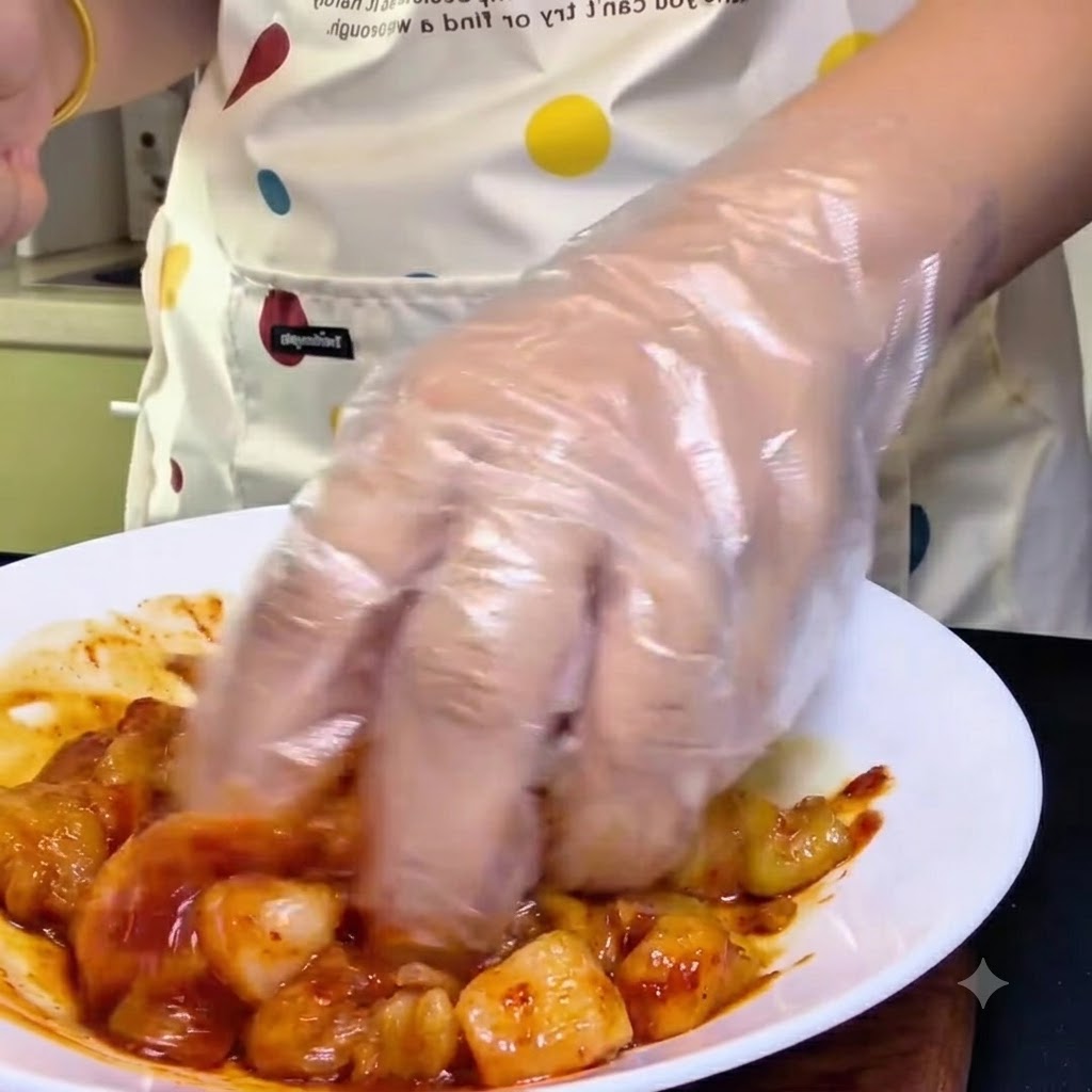 Eine Hand in einem Plastikhandschuh vermengt rohe Hähnchenstücke mit einer roten Marinade in einer weißen Schüssel.