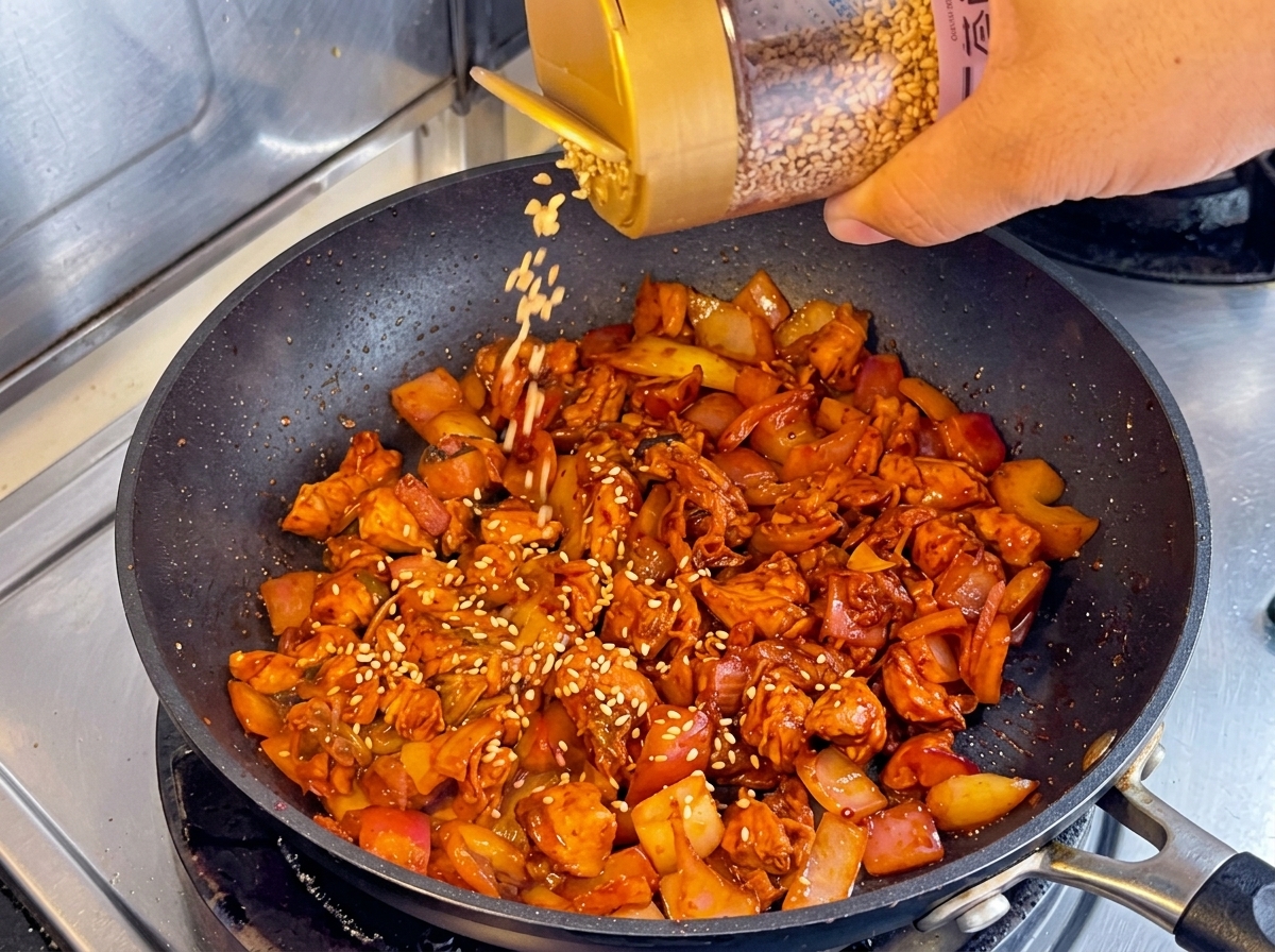 Eine Hand streut weißen Sesam über eine Pfanne mit gebratenem Kimchi und Hähnchen.