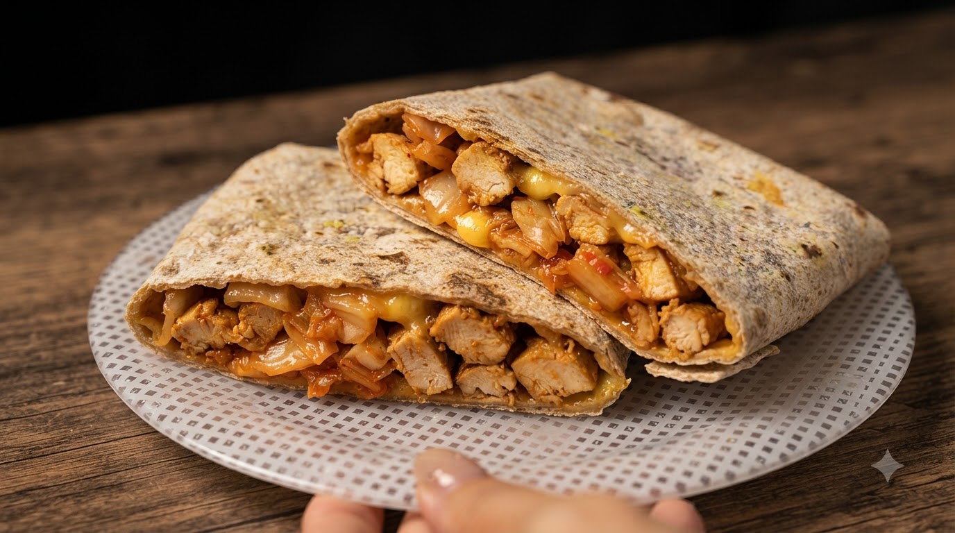 Vollkorn-Wrap mit Kimchi, Käse und Hähnchen