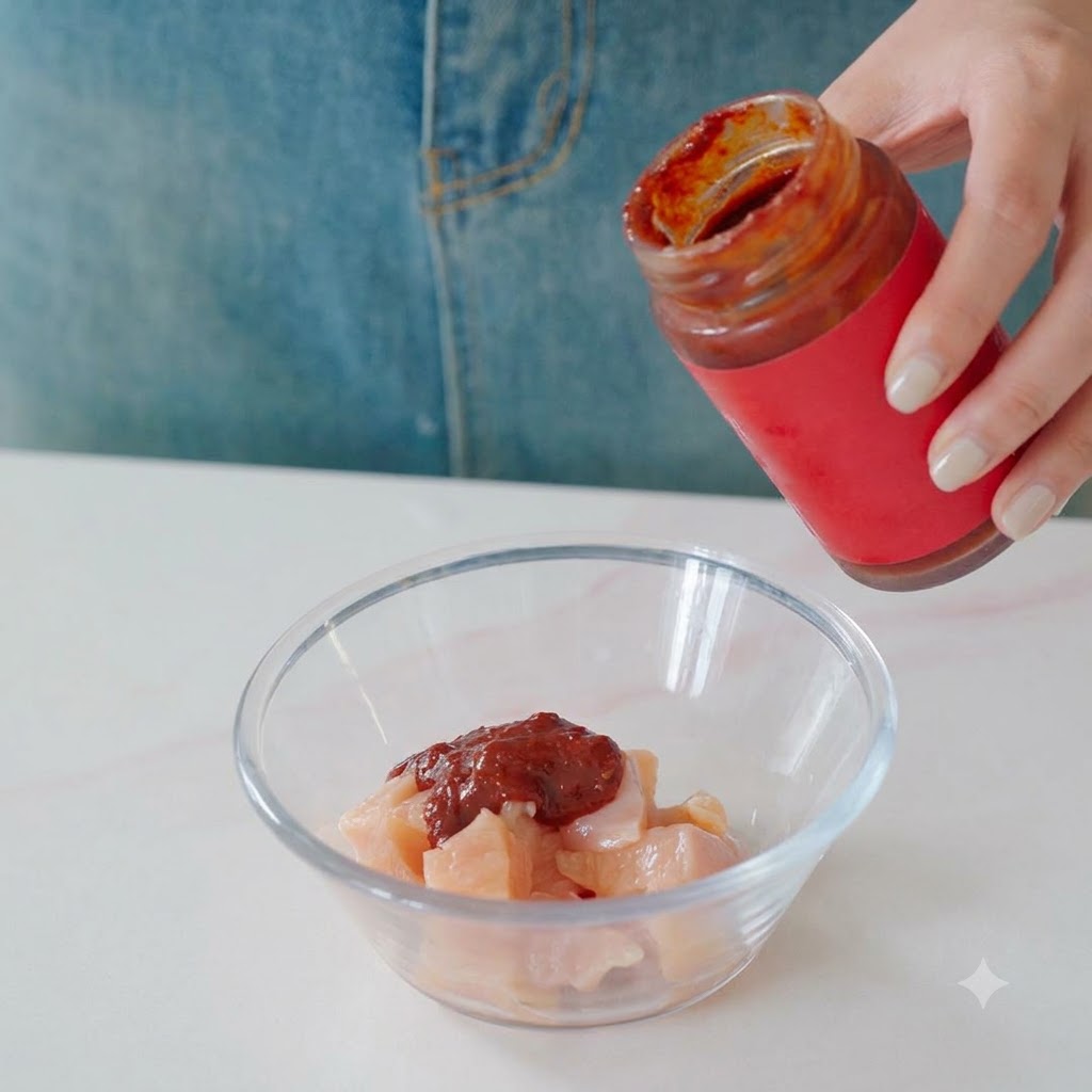 Koreanische Chilipaste und andere Gewürze werden aus einem Glas in eine Glasschüssel mit Hähnchenstücken gegeben.