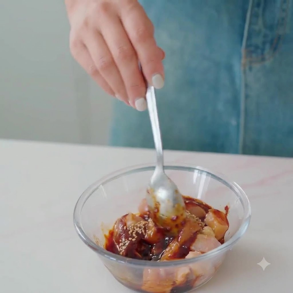 Ein Löffel vermischt das Hähnchen und die Marinade in einer Glasschüssel.