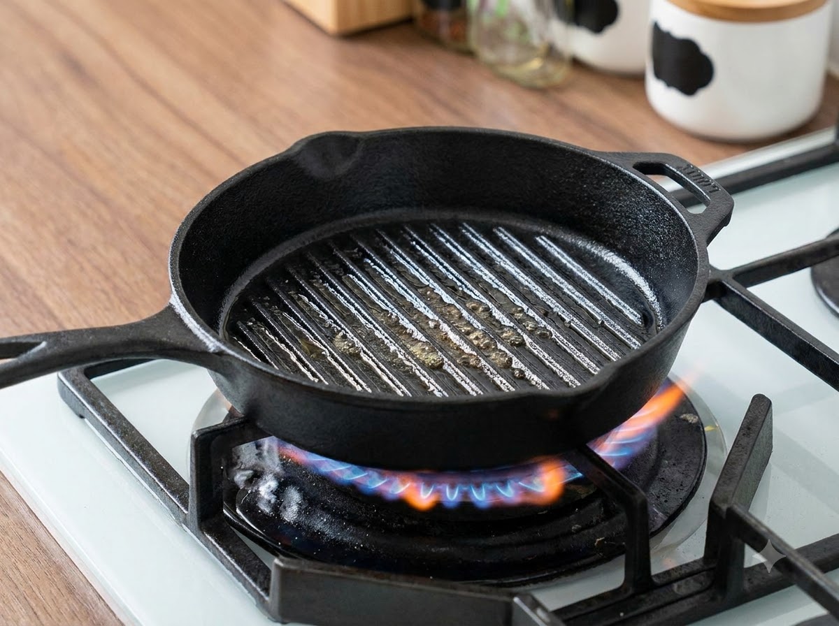 Eine heiße, eingefettete Grillpfanne auf einer blauen Gasflamme des Herds.