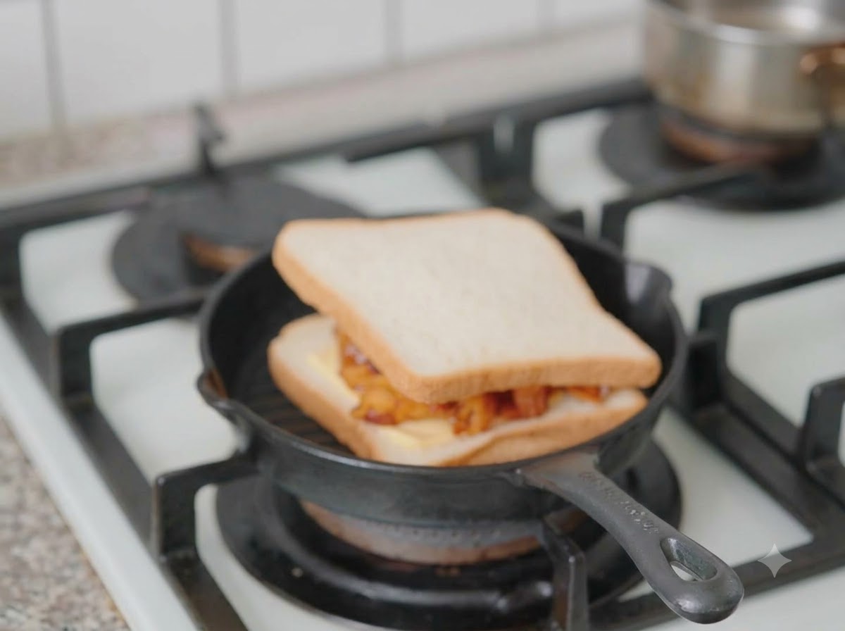 Ein vollständig zusammengesetztes Sandwich in der Grillpfanne wird mit einem schweren Deckel heruntergedrückt.
