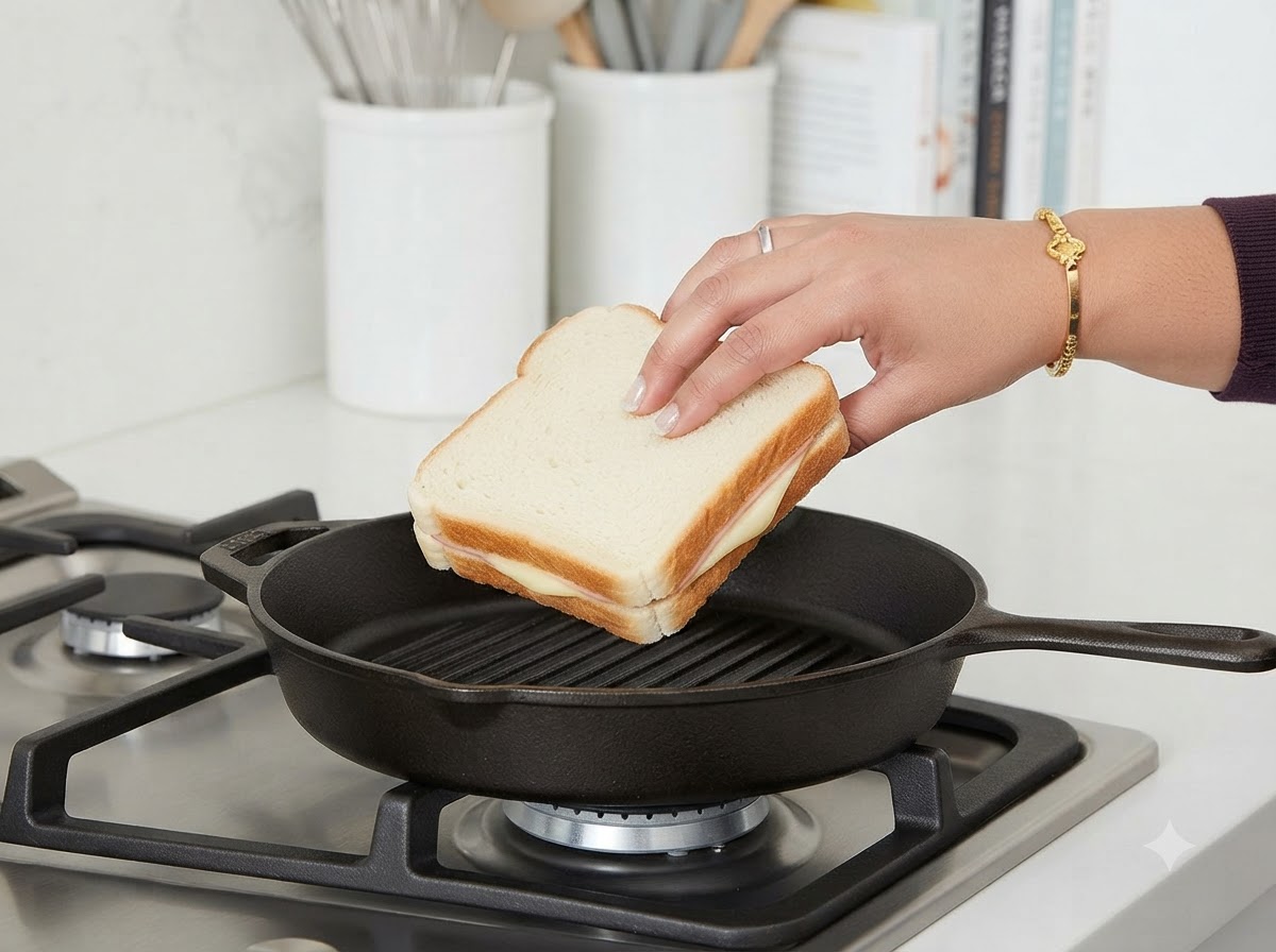 Eine Hand wendet das Sandwich in der heißen Grillpfanne.