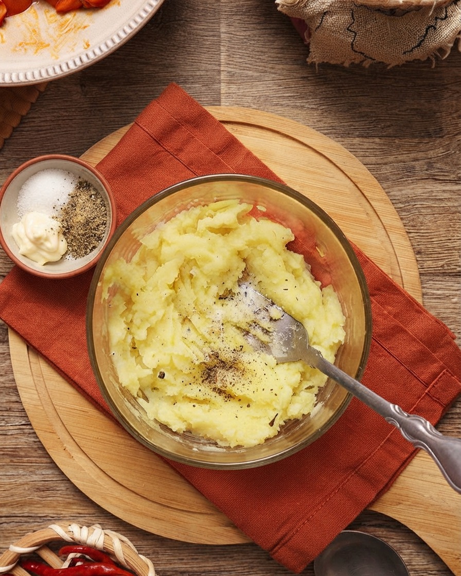 Schwarzer Pfeffer und Salz werden zum Kartoffelpüree gegeben.