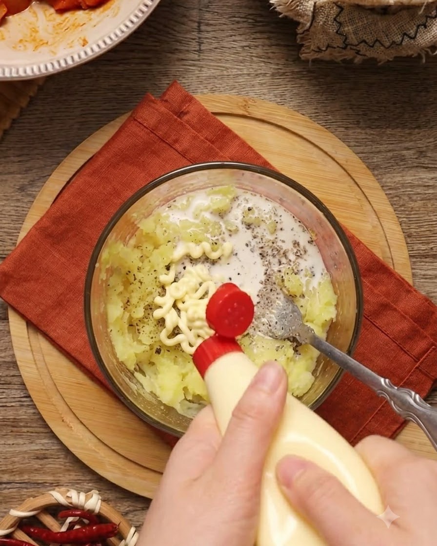 Mayonnaise und Milch werden in eine Schüssel mit Kartoffelpüree gegeben.