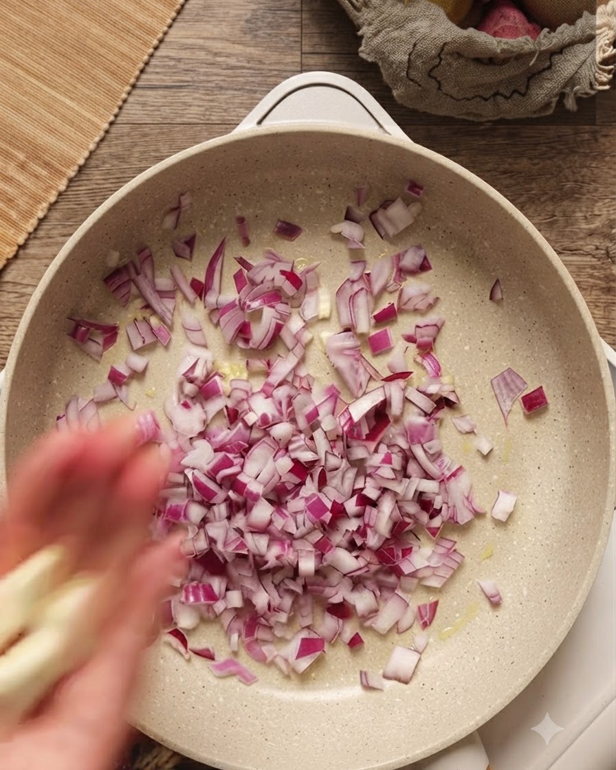 Gehackte Zwiebeln und gehackter Knoblauch braten in einer geölten Pfanne.