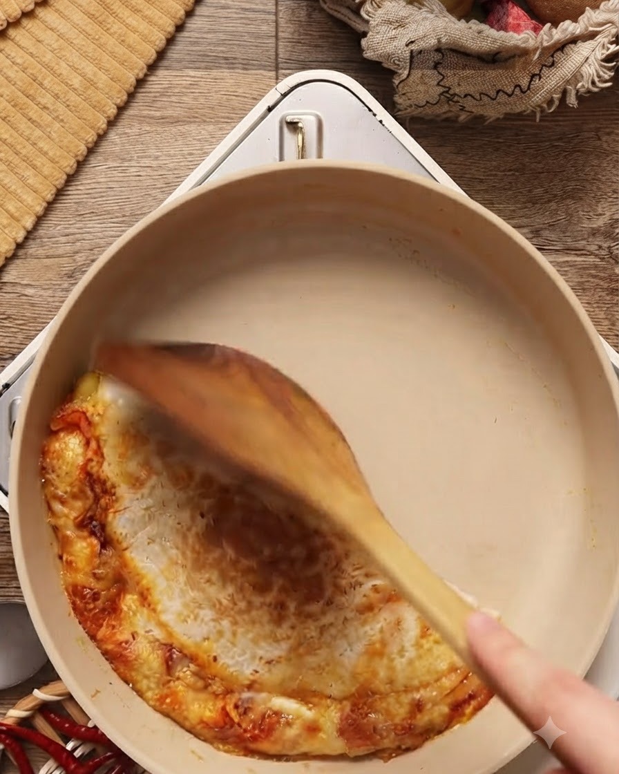 Kimchi und mariniertes Hähnchen werden in einer Bratpfanne gebraten und mit einem Holzspatel umgerührt.