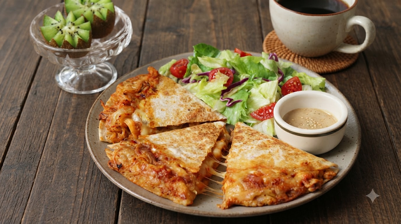 Käse-Kimchi-Hähnchen-Quesadilla gefüllt mit Kartoffelpüree