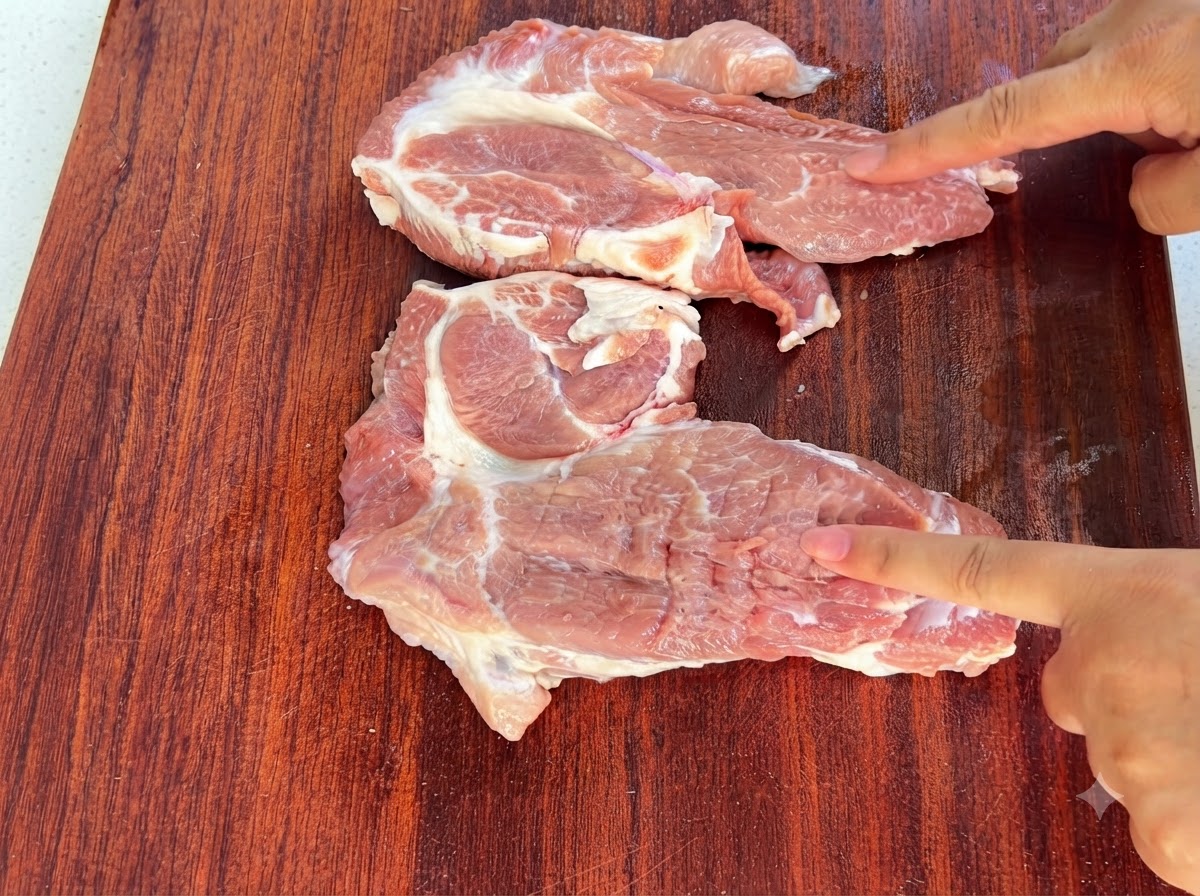 Schweineschulterscheiben werden mit dem Messerrücken auf einem Holzschneidebrett geklopft.