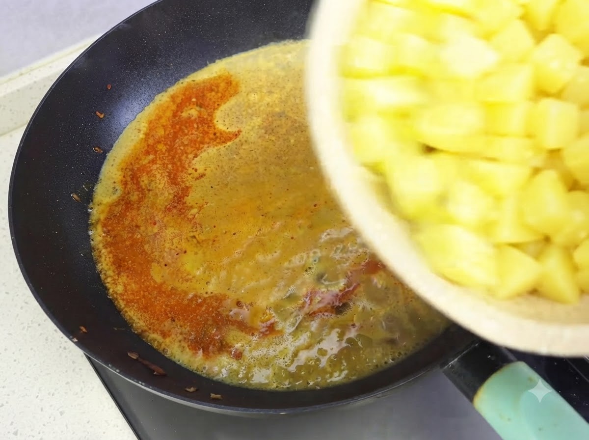 Eine Hand schüttet eine Schüssel gewürfelte gelbe Kartoffeln in eine dunkle Pfanne mit köchelnder Currysauce.