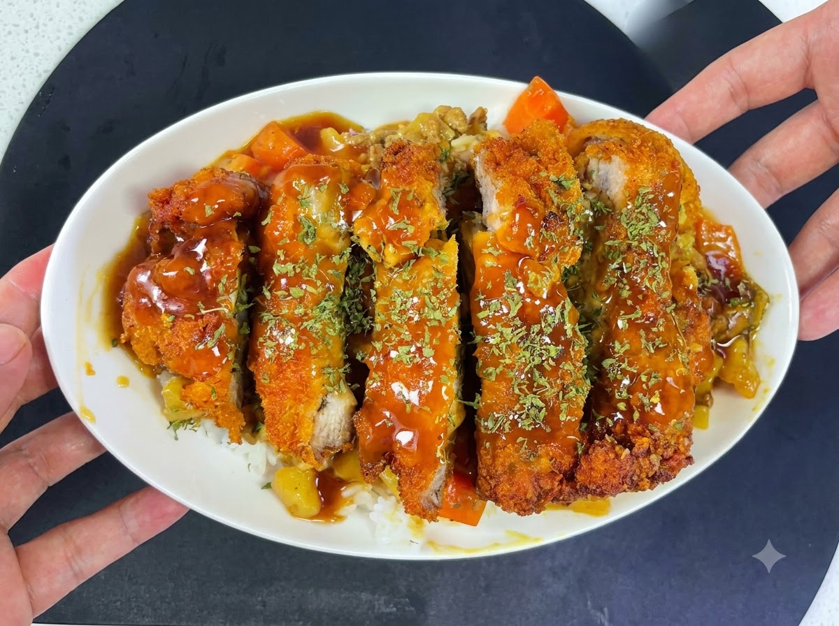 Ein paniertes Schweineschnitzel frittiert in heißem Öl, bis es goldbraun und knusprig ist.