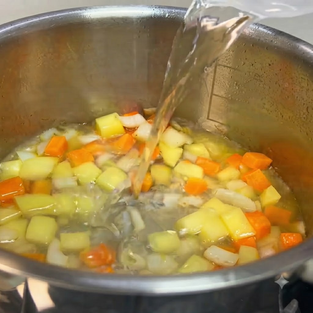 Currywürfel und Flüssigkeit werden in einen Topf mit gehacktem Gemüse wie Kartoffeln und Karotten gegeben.