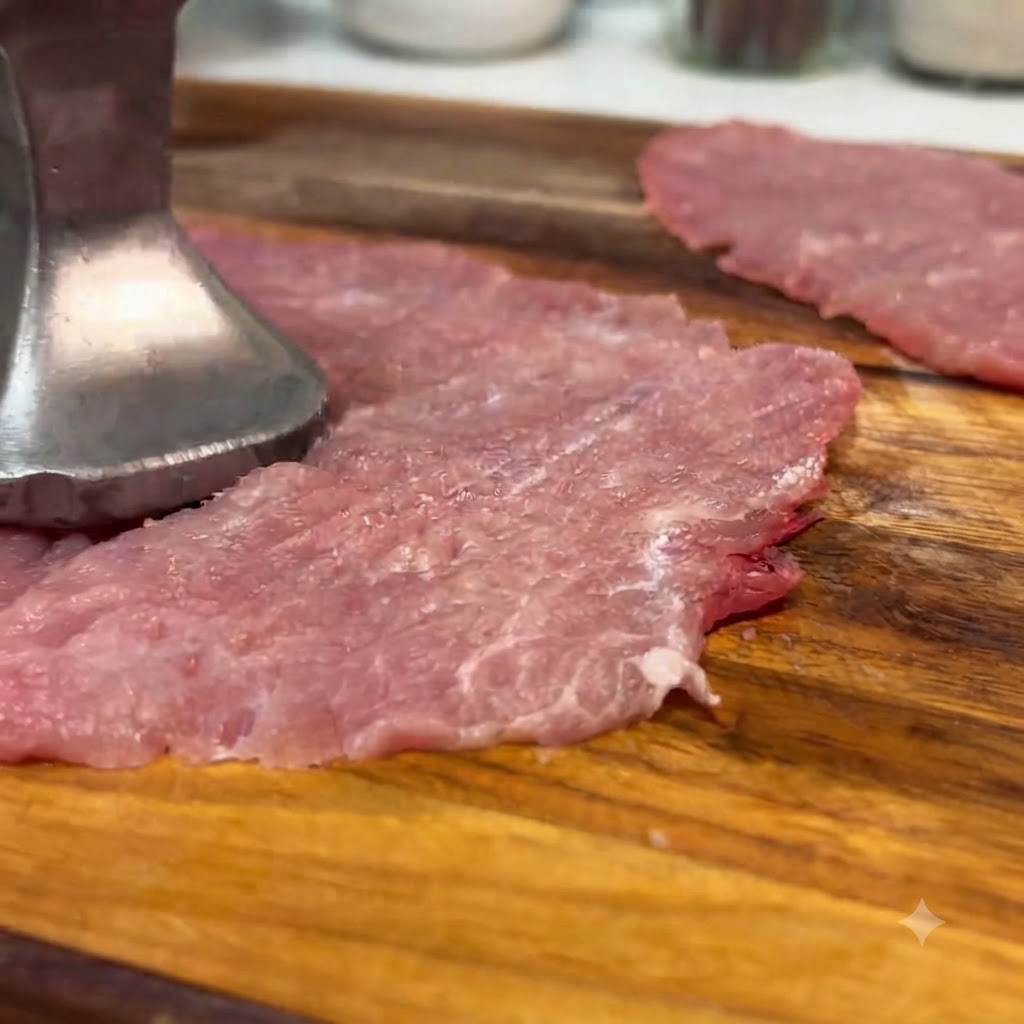 Ein Fleischklopfer aus Metall plattiert eine Scheibe rohen Schweinelachs auf einem Holzschneidebrett.
