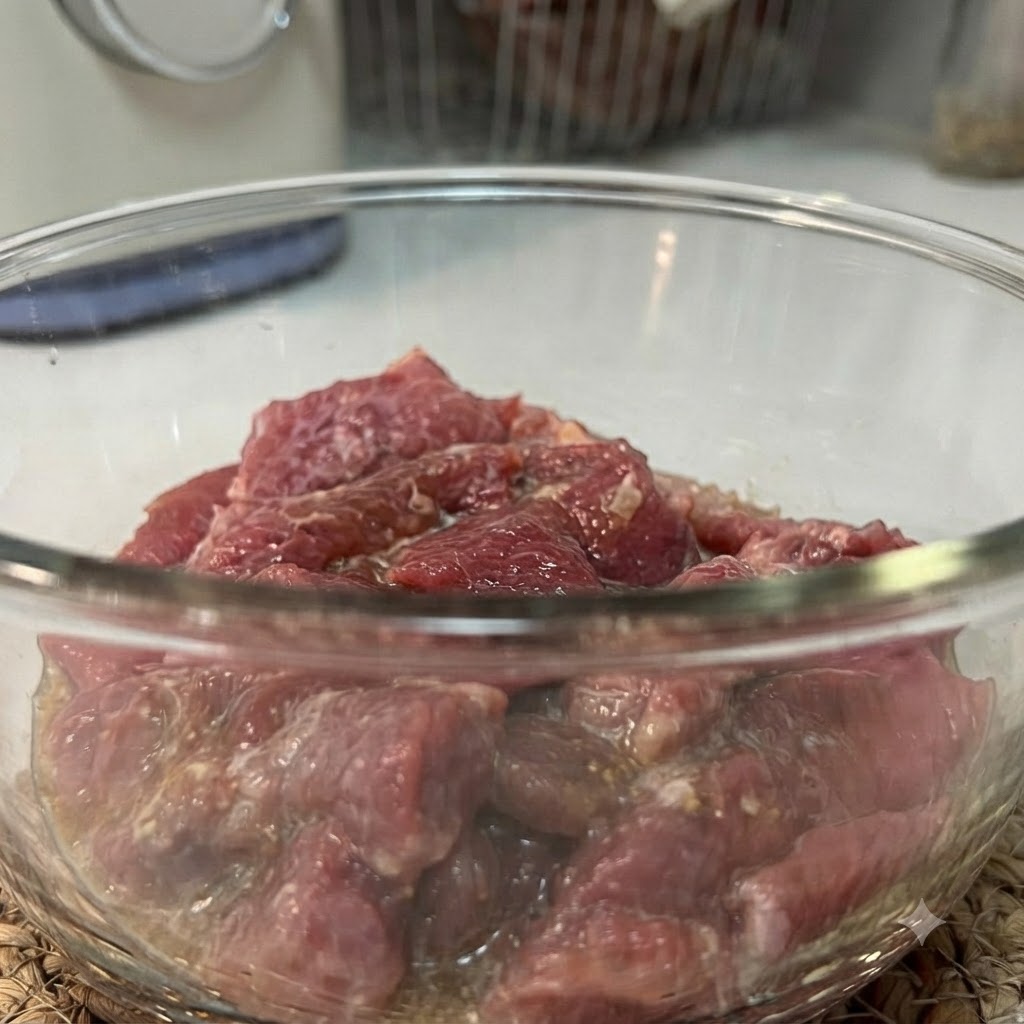 Glänzende, marinierte Stücke von rohem Schweinefleisch liegen in einer klaren Glas schüssel.