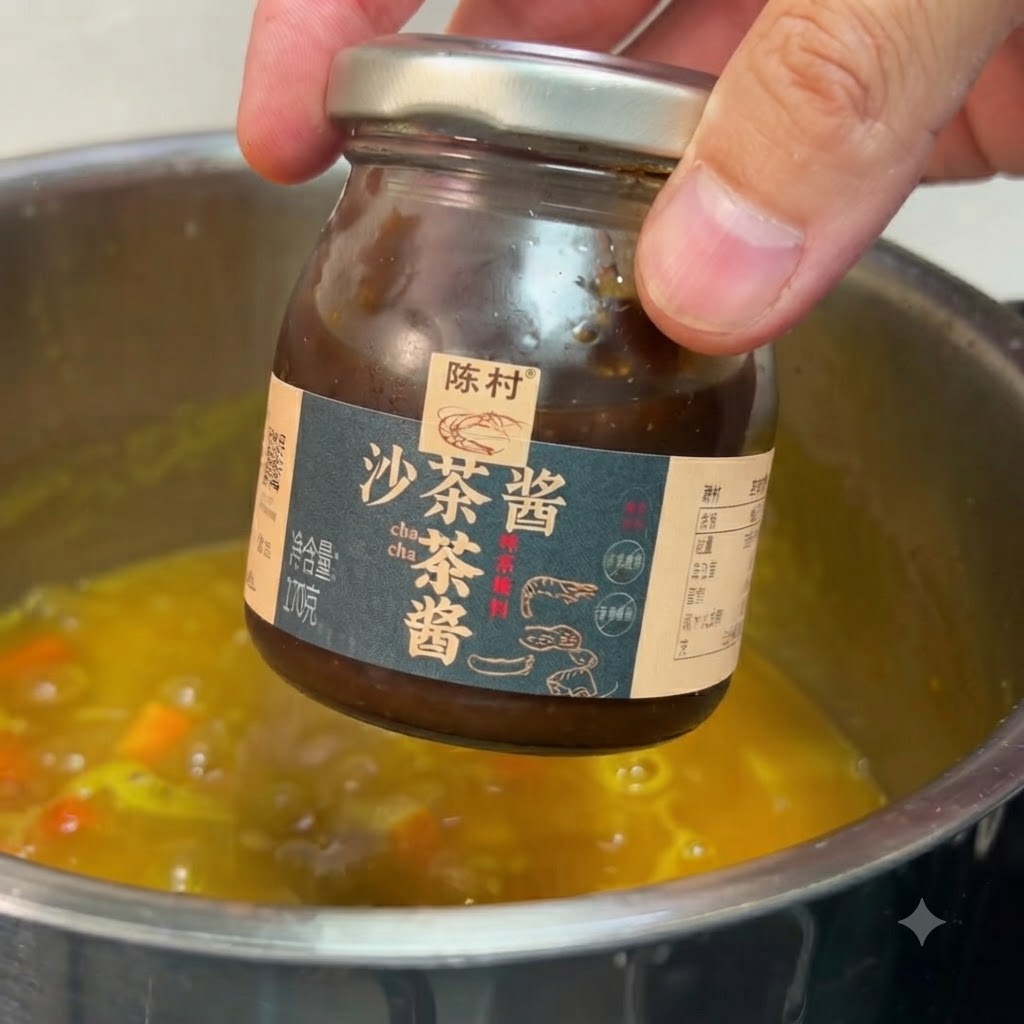 Eine Hand hält ein kleines Glas Satay-Sauce über einen köchelnden Topf mit leuchtend gelbem Curry.