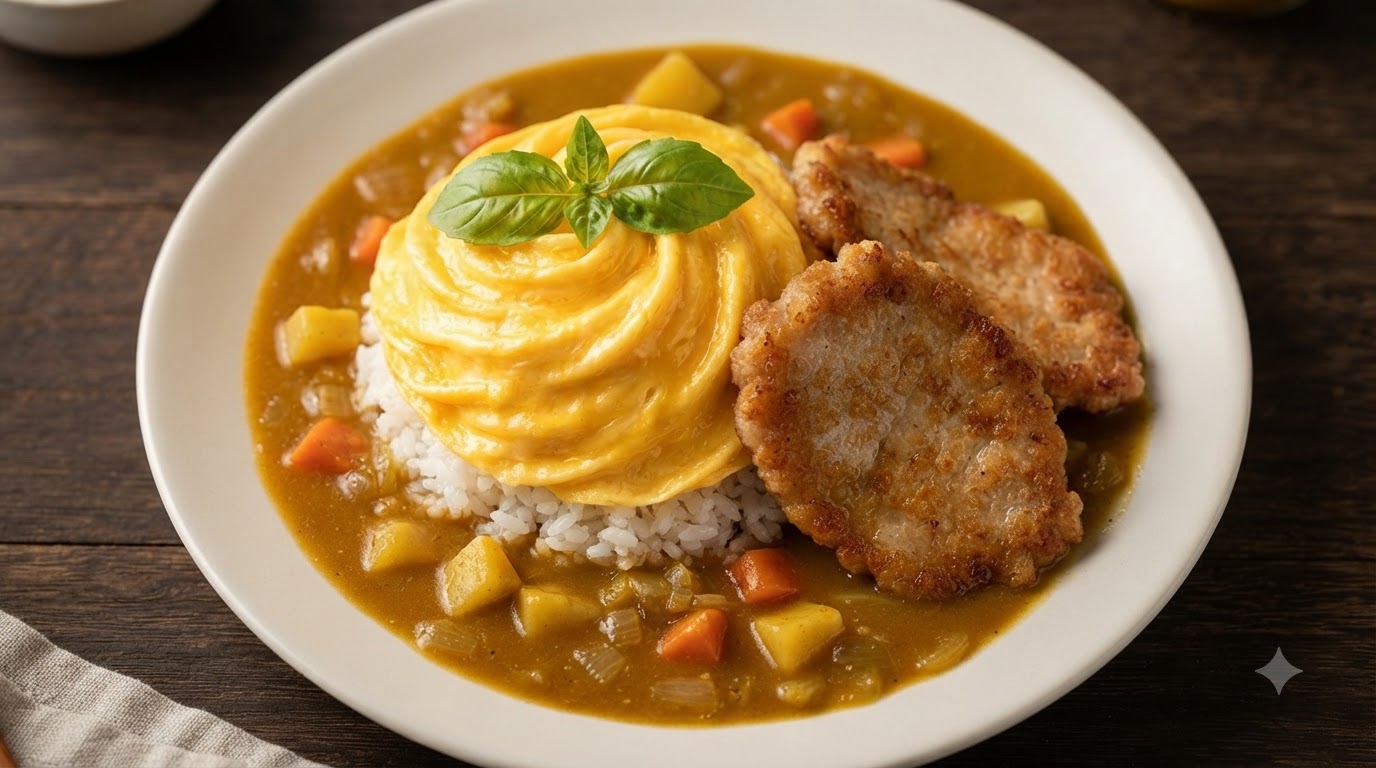 Japanisches Curry mit Schweineschnitzel und Strudel-Omelett