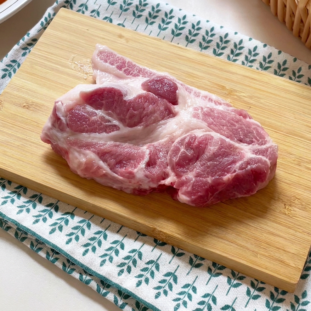 Ein rohes Schweineschnitzel wird mit einem Fleischklopfer auf einem Holzbrett plattiert.