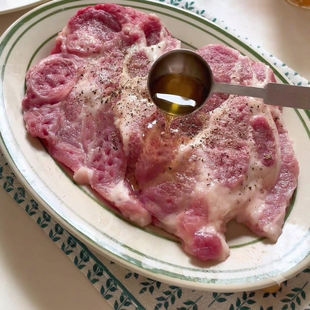 Schweineschnitzel auf einem Teller, das mit Kochwein und Gewürzen mariniert wird.