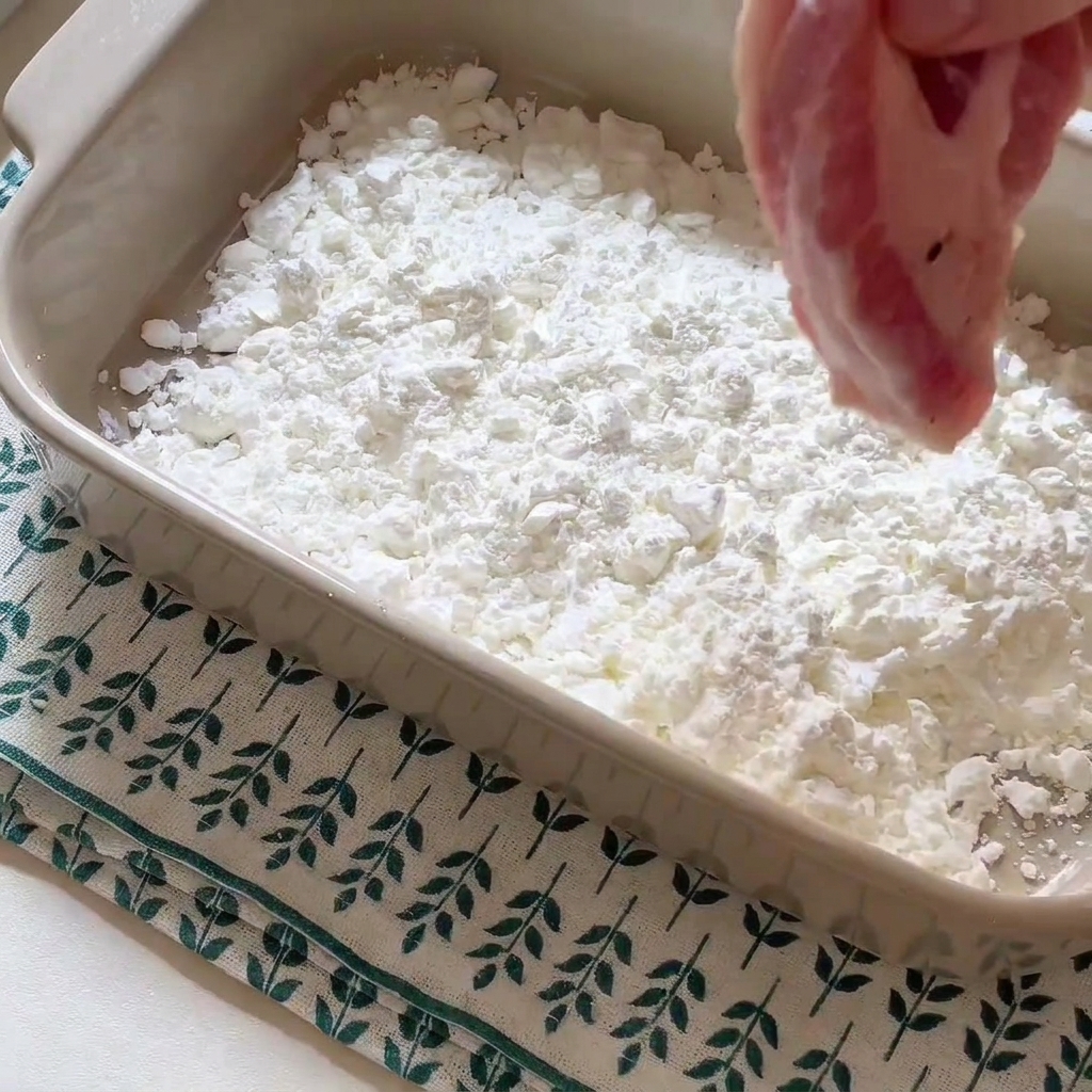 Ein Stück Schweinefleisch wird in eine Auflaufform voller weißer Stärke getaucht.