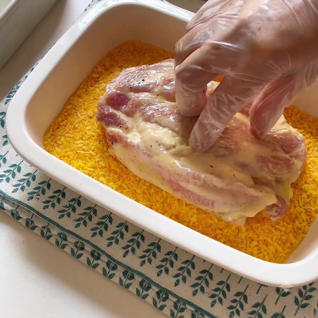 Ein Schweineschnitzel wird mit behandschuhten Händen in ein Tablett mit gelbem Paniermehl gedrückt.