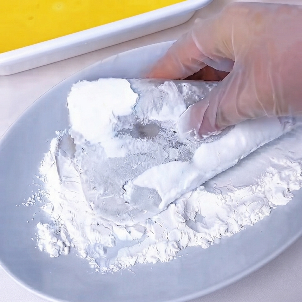 Eine handschuhbedeckte Hand, die ein in Mehl gewendetes Garnelenschnitzel in einen Behälter mit leuchtend gelbem, verquirltem Ei taucht.