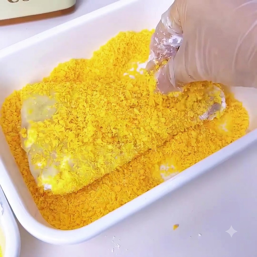 Eine handschuhbedeckte Hand, die ein mit Ei benetztes Schnitzel in einen Behälter mit knusprigem gelbem Panko-Paniermehl drückt.