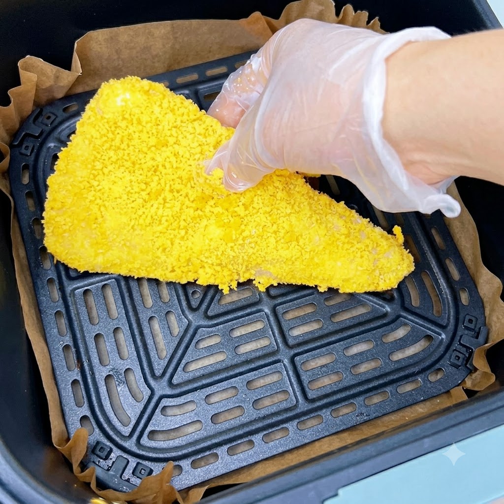 Ein vollständig paniertes, gelbes Garnelenschnitzel wird in einen mit Backpapier ausgelegten Heißluftfritteusenkorb gelegt.