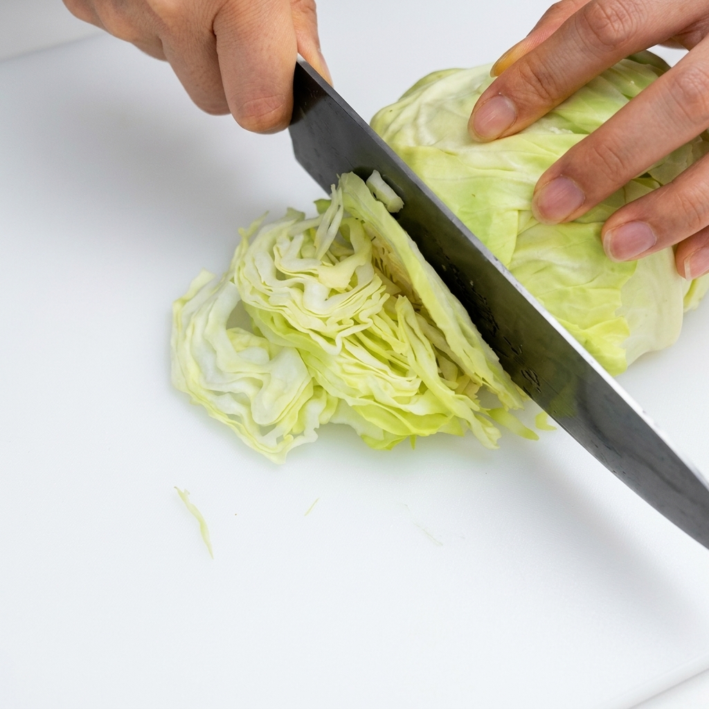 Ein Küchenmesser schneidet einen frischen Kopf Kohl auf einem weißen Schneidebrett in feine, dünne Streifen.