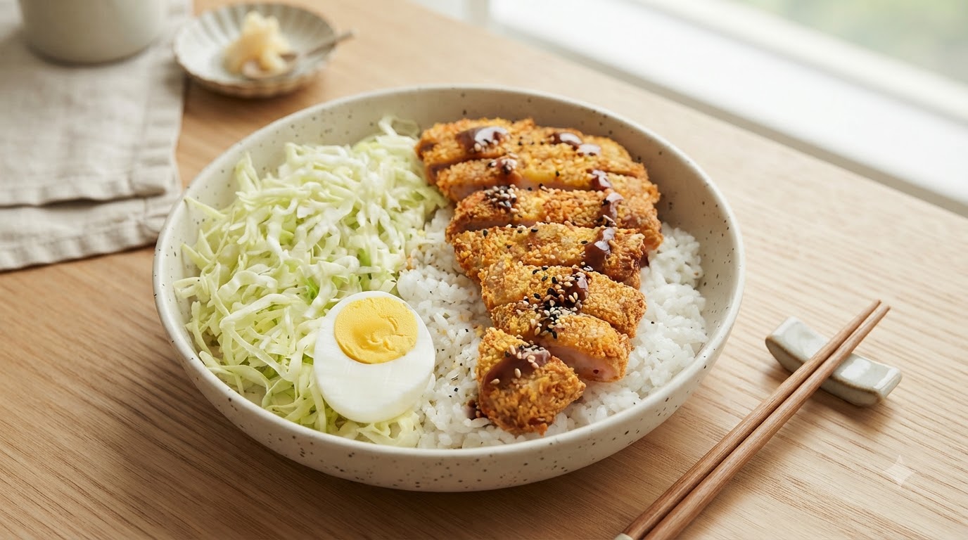 Knusprige Garnelen-Schnitzel-Reisschüssel