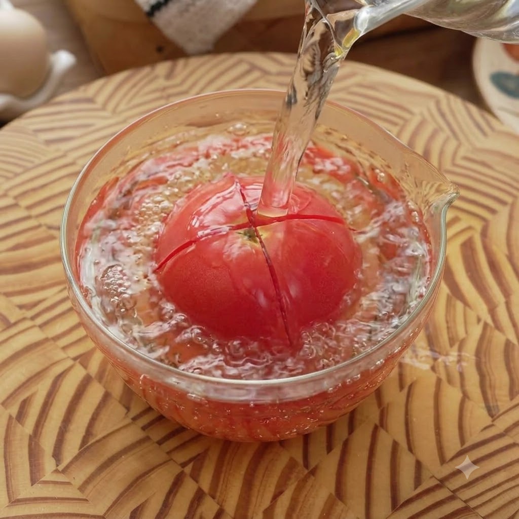 Eine rote Tomate in einer Glasschüssel mit heißem Wasser, in die Wasser gegossen wird.