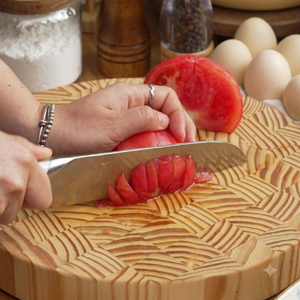 Die Hand eines Kochs schneidet eine Tomatenhälfte auf einem gemusterten Holzschneidebrett.
