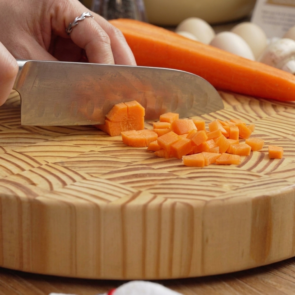 Ein Messer schneidet rote Zwiebelstücke auf einem Holzschneidebrett, eine ganze Karotte liegt in der Nähe.