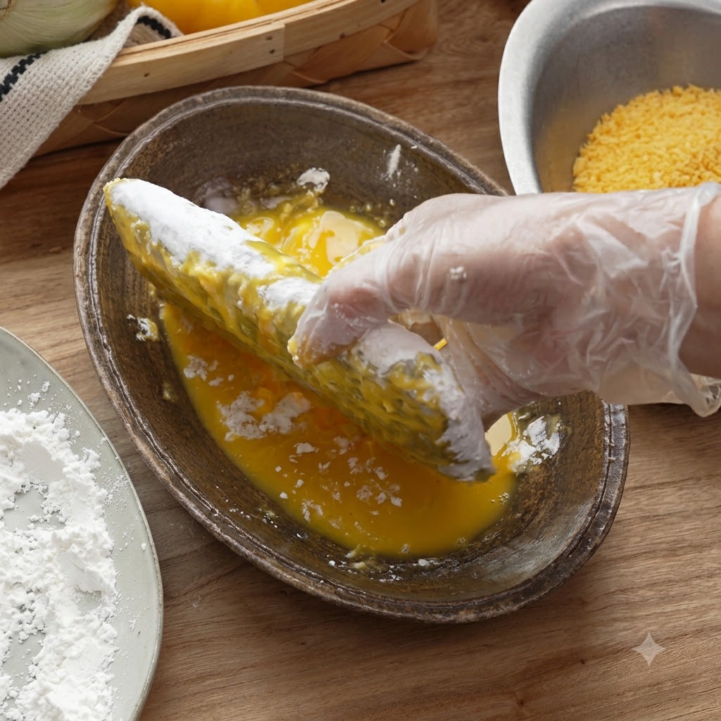 Eine be Handschuhe getragene Hand taucht das panierte Kotelett in eine Schüssel mit geschlagener gelber Eiermasse.