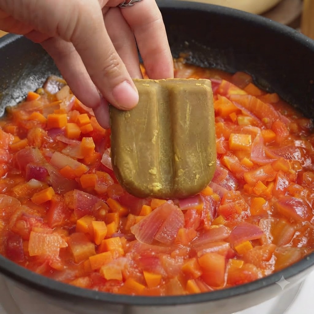 Eine Hand hält einen Currywürfel über eine Pfanne mit einer Mischung aus gehackten Tomaten, Zwiebeln und Karotten.