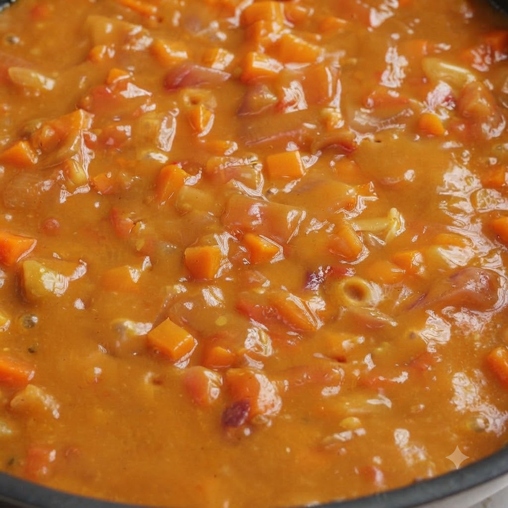 Nahaufnahme einer dicken, cremigen Currysauce, die mit fein gehackten Karotten und Tomaten in einer Pfanne köchelt.
