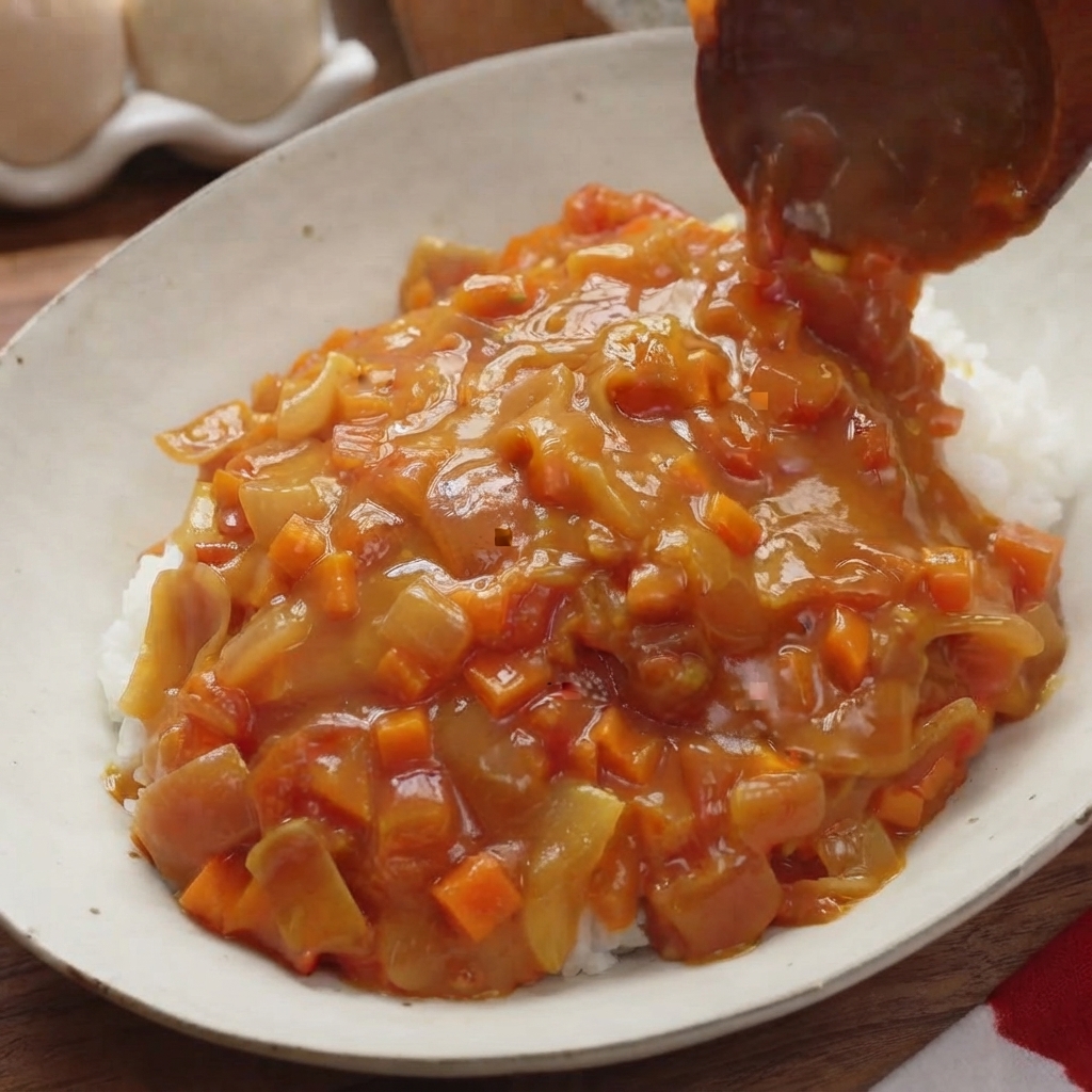 Ein Holzlöffel schöpft dicke, stückige Tomaten-Karotten-Currysauce direkt auf ein Bett aus weißem Reis.