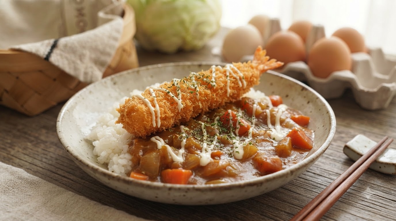 Kokos-Curry mit Garnelenkotelett und Reis