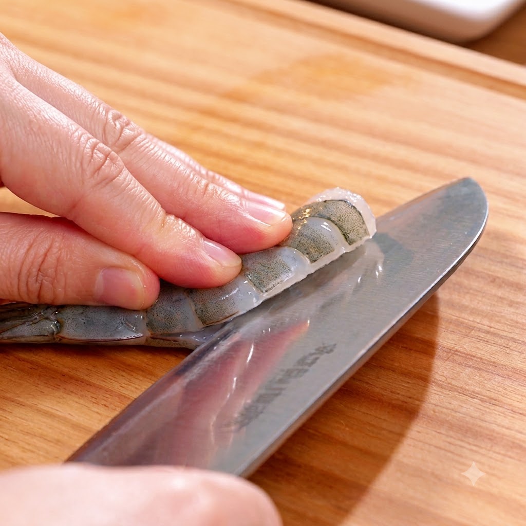 Eine Hand hält ein Messer, um den Rücken einer rohen Garnele auf einem Holzschneidebrett im Schmetterlingsschnitt einzuschneiden.